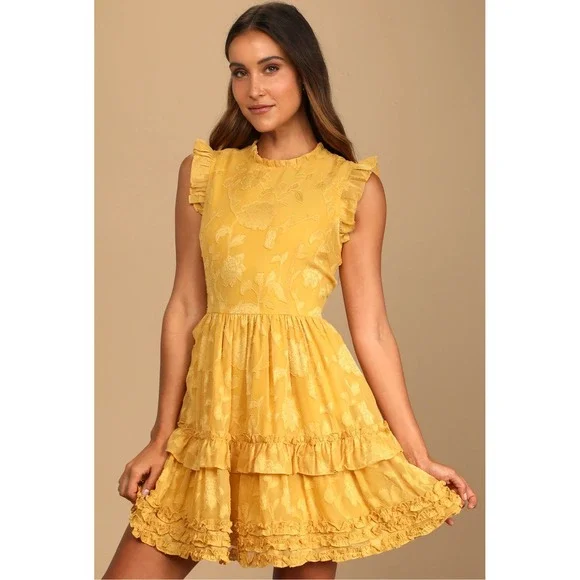 Lulus Women's XS Yellow Floral Ruffle Sleeveless Mini Dress - Picture 1 of 12